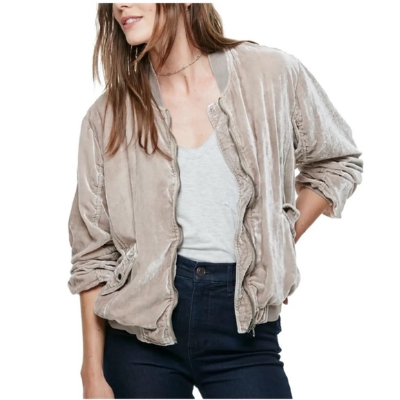 Free People Ruched Velvet Neutral Bomber Jacket. - Picture 3 of 14